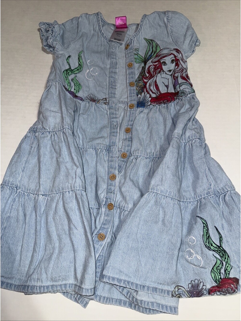 Disney Princess Ariel Chambray Dress Girls Size 6 Tiered Button Front Blue
